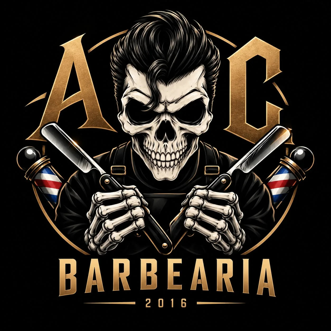 Logo da A C Barbearia: caveira de topete com duas navalhas, postes de barbeiro e a data 2016